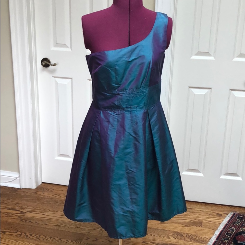 βFashion Crimesβ dress in holographic purple/blue